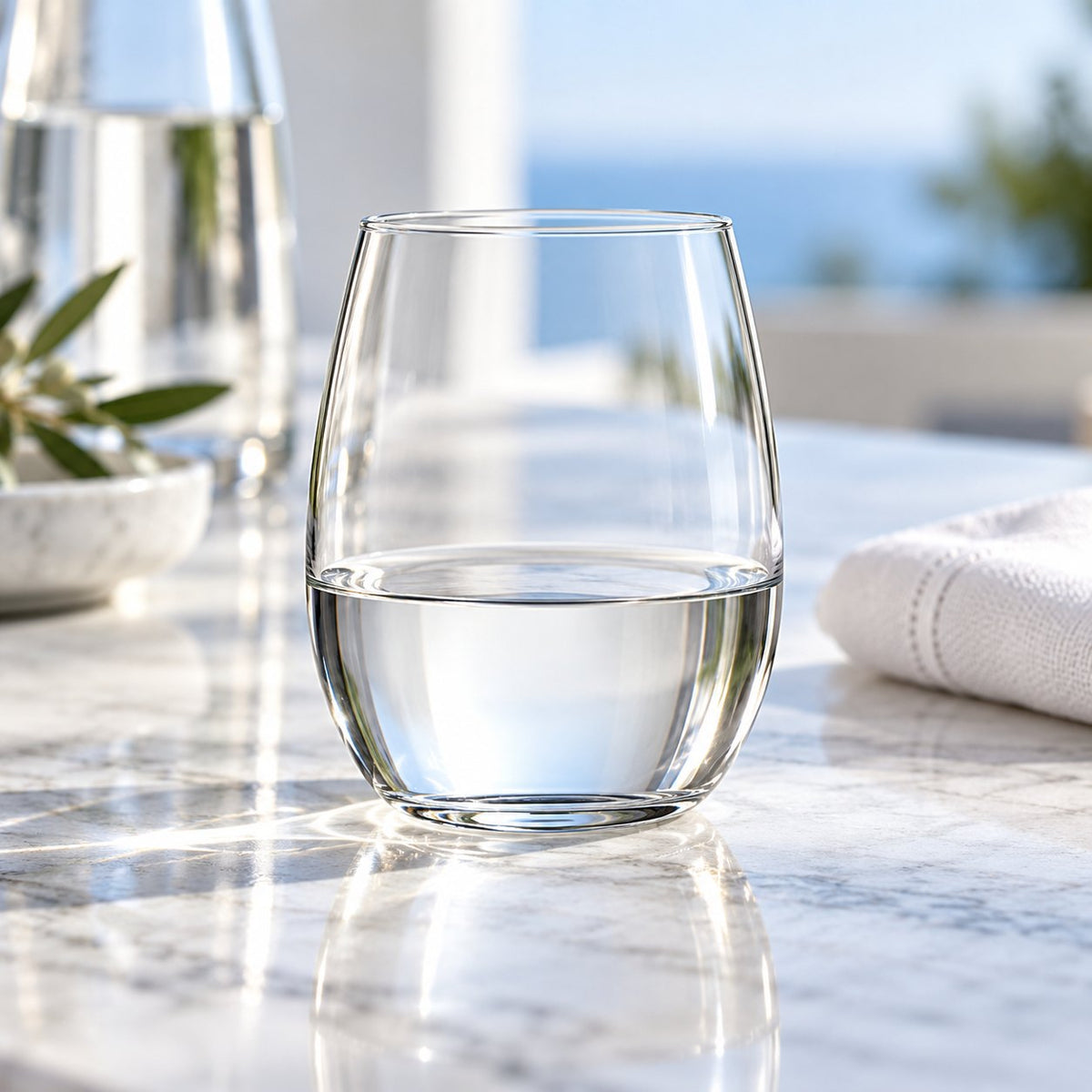 Verre à eau Nude Pure rempli d'eau posé sur une table en marbre, serviette à côté