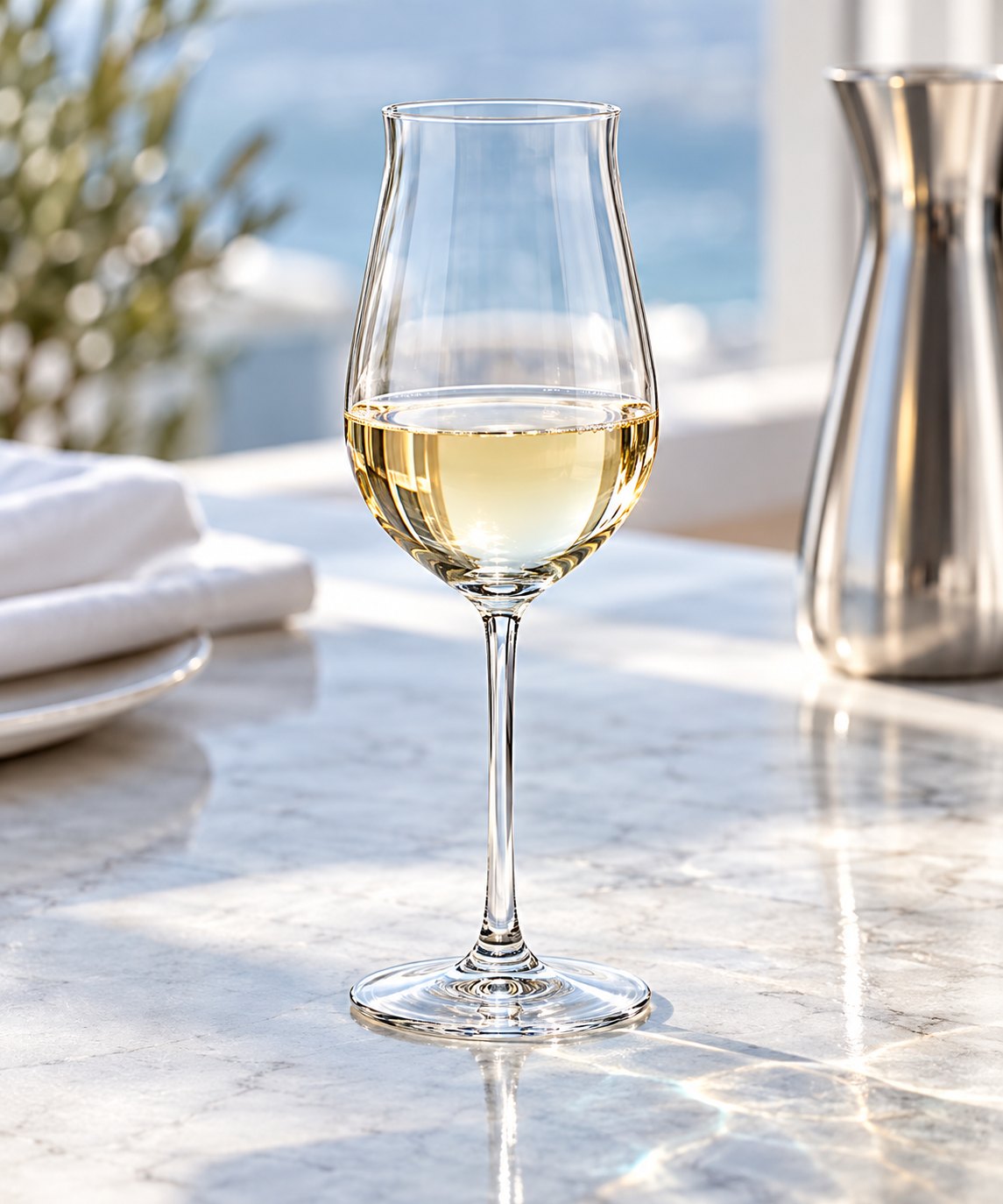 Verre à vin Nude Vintage rempli de vin blanc sur une table en marbre