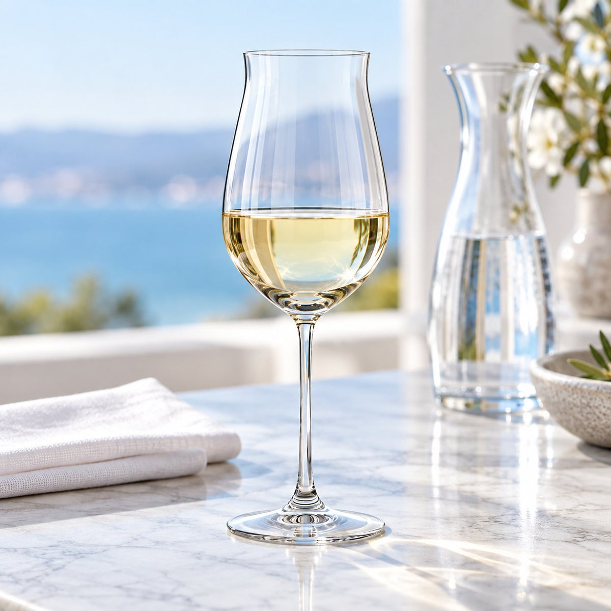Verre à vin Nude Vintage rempli de vin blanc à côté d'une carafe sur une table en marbre