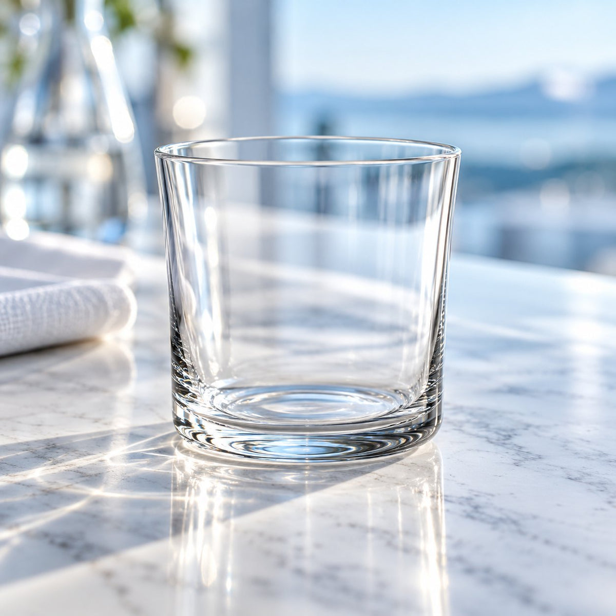 Verre Low Ball Nude Savage vide sur un comptoir en marbre, shaker et barspoon en arrière-plan