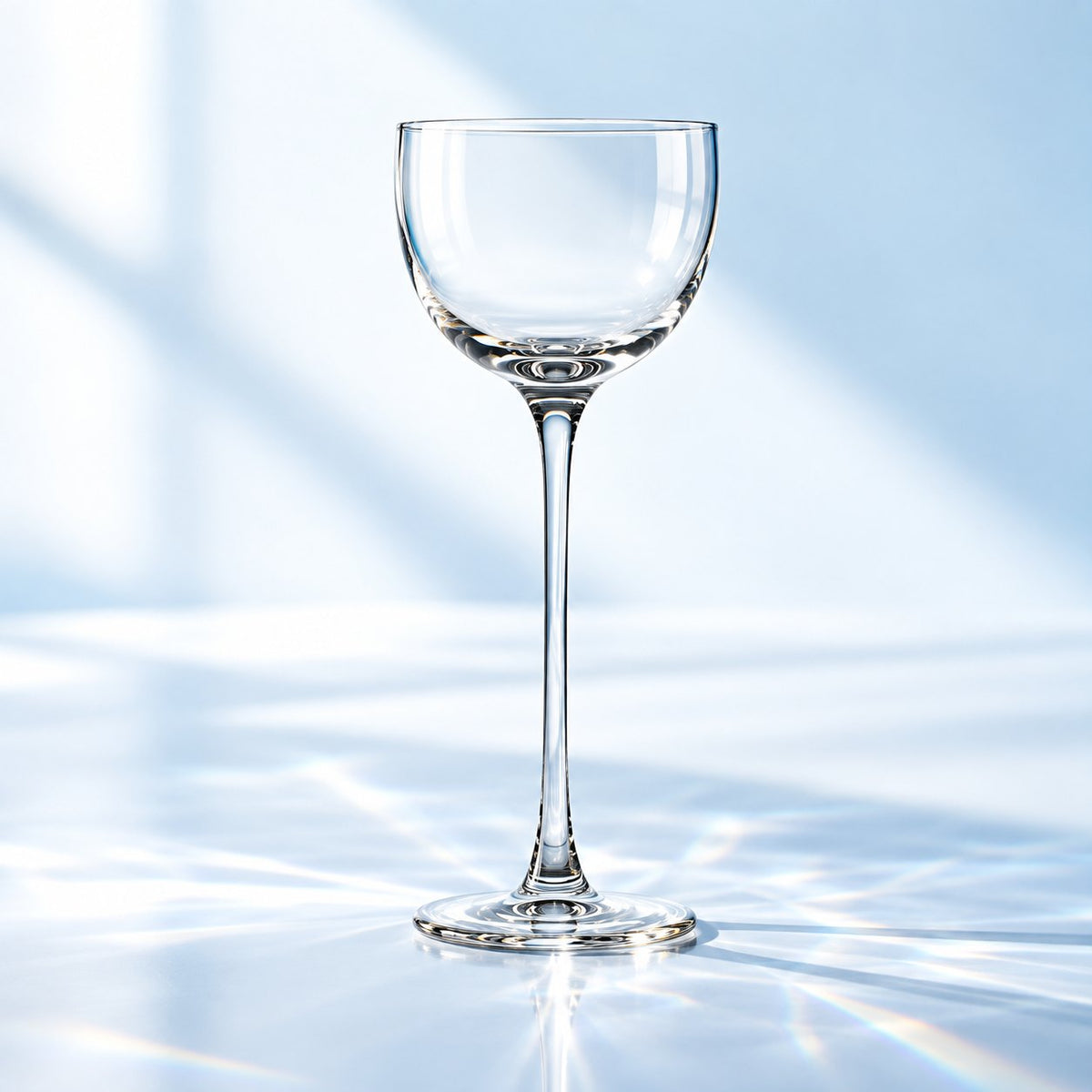 Verre à cocktail Nude Savage Pony 13,5 cl sur pied fin, vu de face sur un plan de marbre lumineux