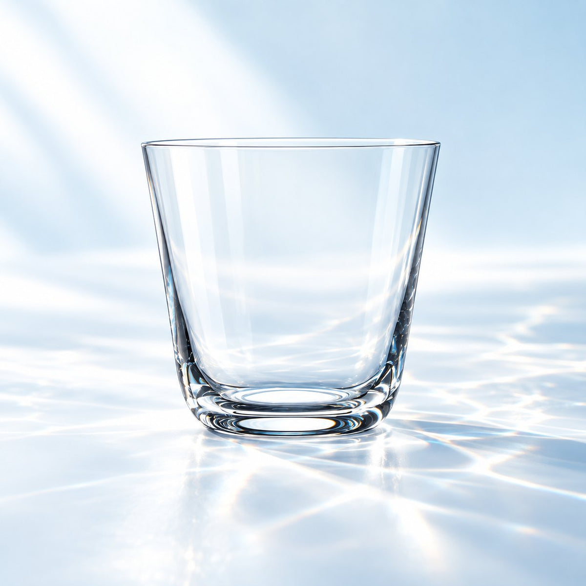 Verre à eau Nude Savage 26 cl, forme basse légèrement évasée, vu de face sur un plan de marbre lumineux