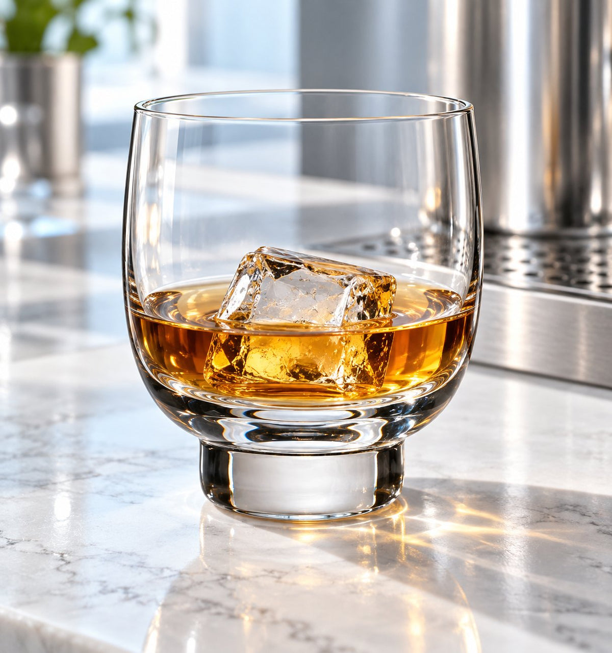 Verre à whisky Nude Malt avec whisky et glaçon sur un comptoir en marbre