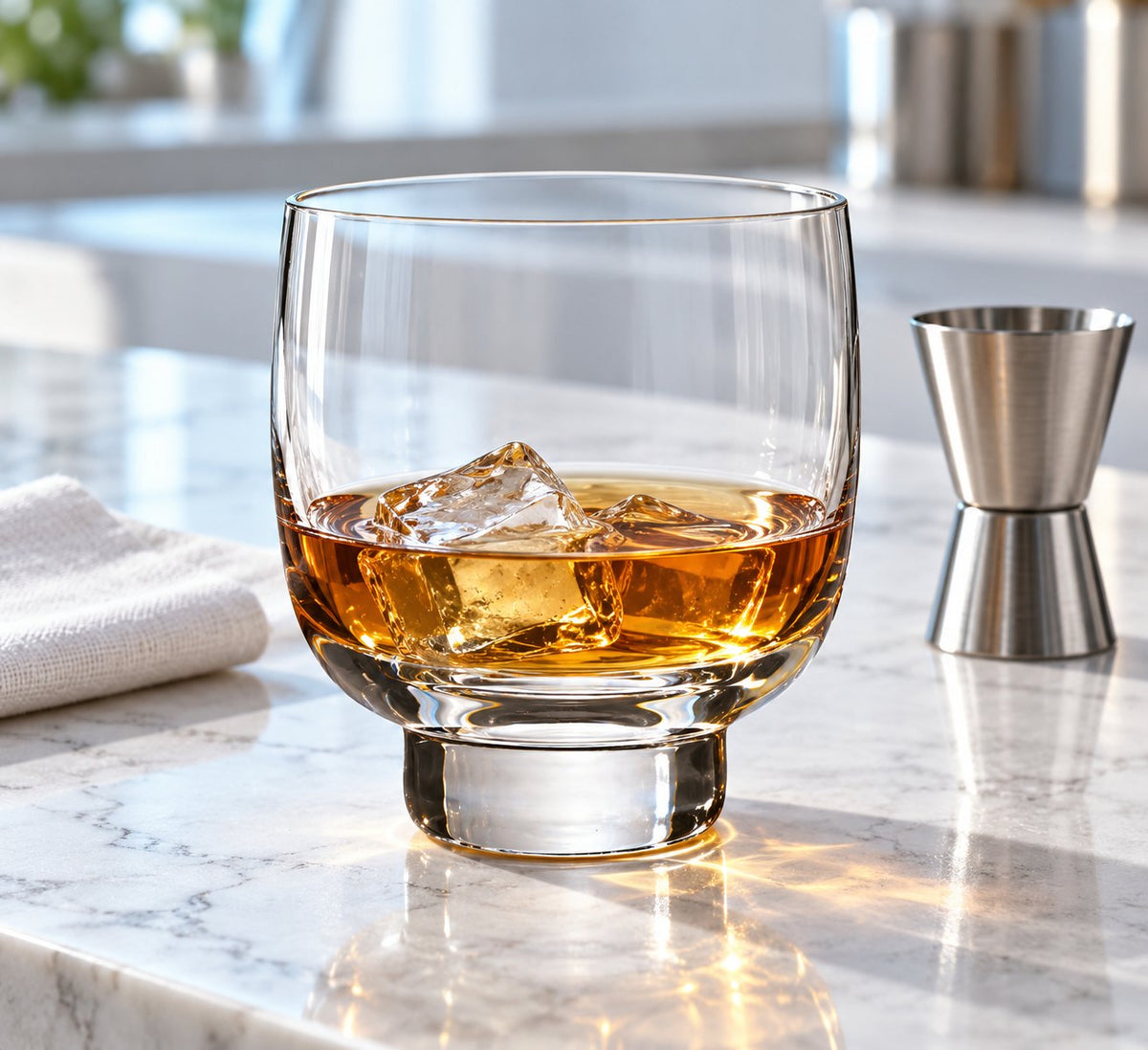 Verre à whisky Nude Malt avec whisky et glaçon à côté d'un jigger