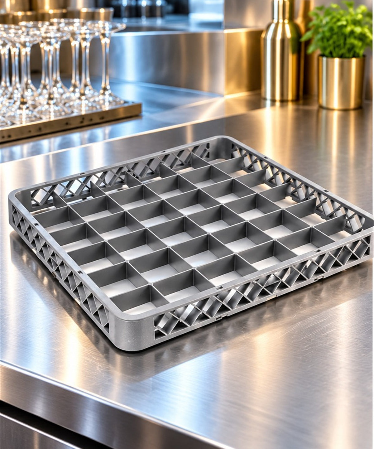 Rehausse pour casier à verres Vogue 36 compartiments, vu de face sur fond clair