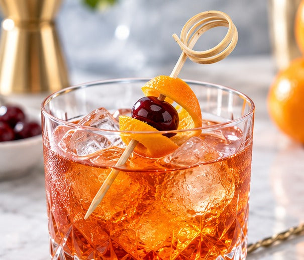Pics en bambou Spirale Oxstal 9 cm, lot de 100, plantés dans un old fashioned à la cerise et à l'orange