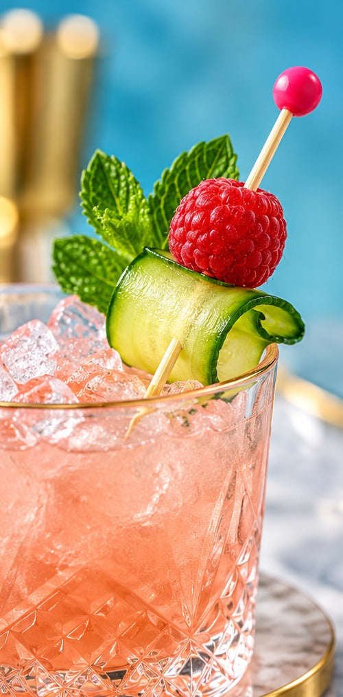 Pics en bambou Oxstal Épingle rose 9 cm, lot de 100, dans un cocktail à la framboise et au concombre