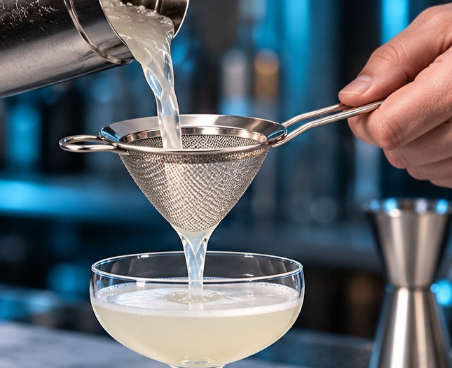 Passoire étamée conique Beaumont, filtrant un cocktail dans une coupe