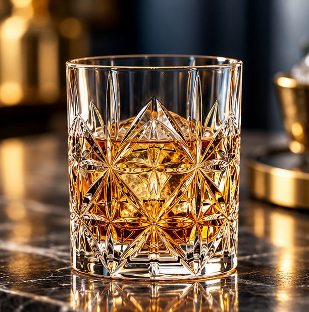Short drink Nachtmann Highland Cross 34 cl, avec du whisky sur glace dans un décor doré