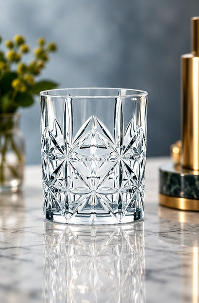 Short drink Nachtmann Highland Cross 34 cl, sans boisson, sur un plan de marbre près d'un jigger