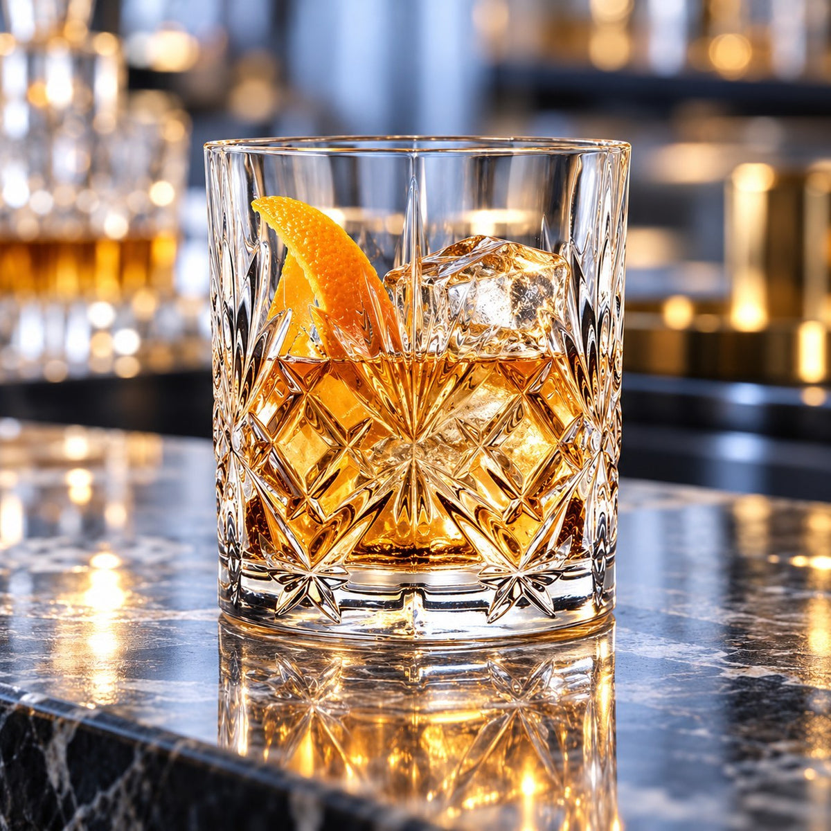 Verre short drink RCR Melodia rempli de whisky avec glaçons et zeste d'orange sur un comptoir en marbre sombre