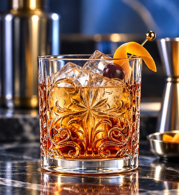 Verre short drink RCR Tattoo 34 cl, avec un old fashioned à la cerise et à l'orange