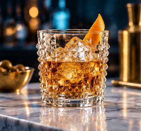 Short drink Nachtmann Punk 35 cl, avec du whisky et un zeste d'orange sur un comptoir de bar
