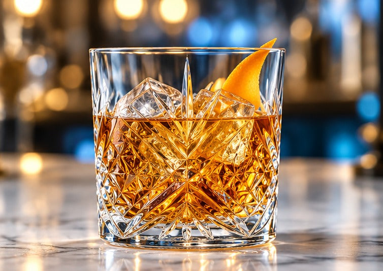 Short drink Arcoroc Broadway 30 cl, avec du whisky et un zeste d'orange sur un comptoir de marbre