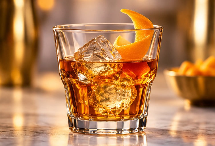 Verre short drink Pasabache Casablanca 27 cl, avec du whisky et un zeste d'orange sur un comptoir