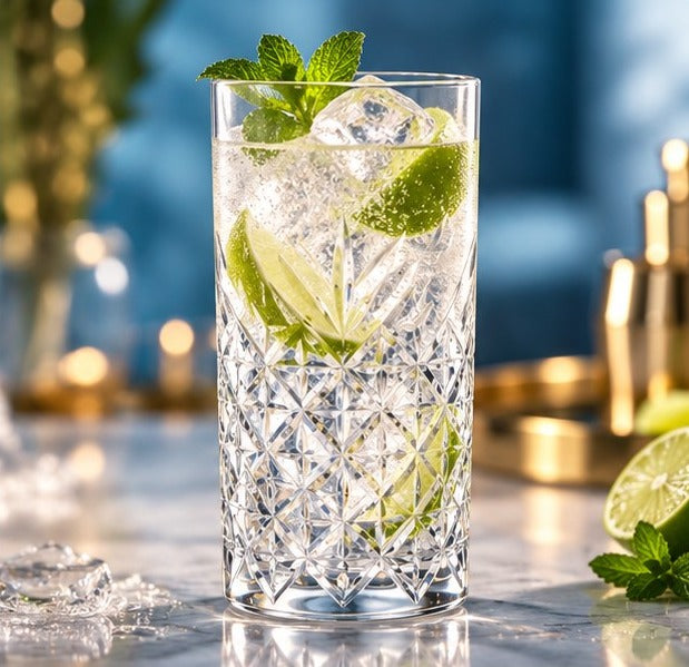 Verre long drink Pasabahce Timeless rempli de glaçons, de menthe et de citron vert sur un plan de marbre
