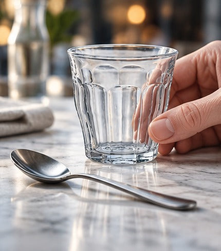Gobelet Duralex Picardie 16 cl, en main, à côté d'une cuillère