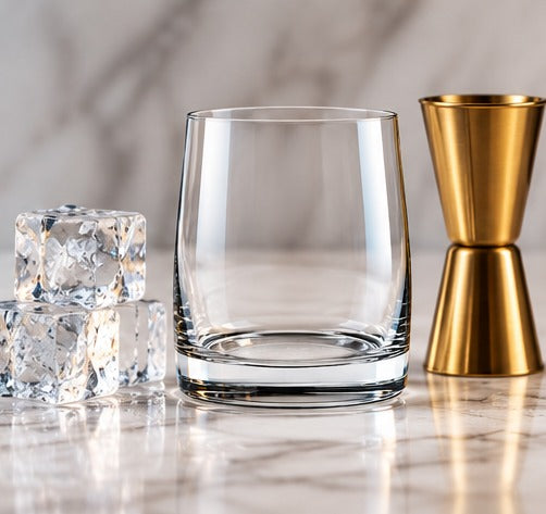 Verre short drink Libbey Stark 27 cl, à côté d'un jigger et de glaçons