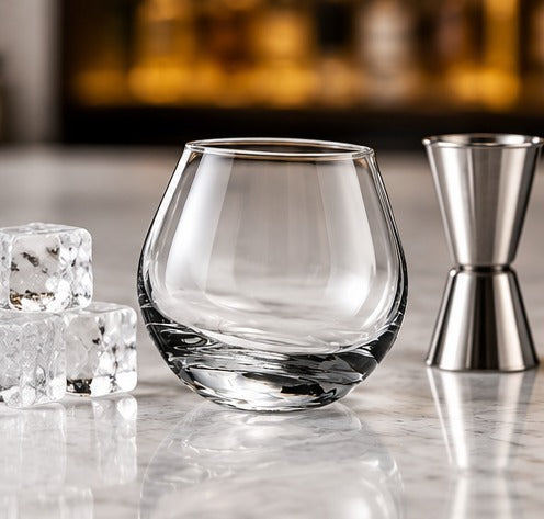 Verre short drink Urban Bar Rocking Whisky 30 cl, à côté d'un jigger et de glaçons