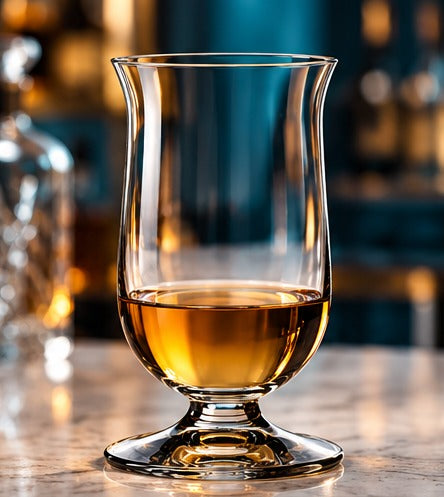 Short drink Riedel Single Malt Whisky 20 cl, avec du whisky single malt sur un comptoir de marbre