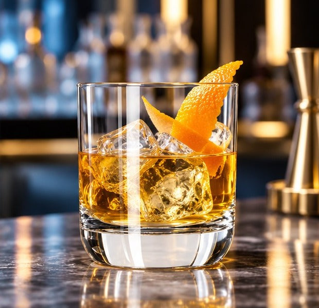 Verre short drink Libbey Envy rempli de whisky avec glaçons et zeste d'orange sur un comptoir en marbre