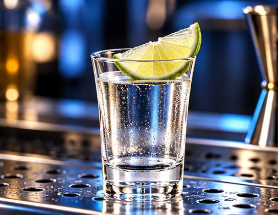 Shot RBdrinks Incassable 5 cl, avec une tequila et du citron vert sur un plateau