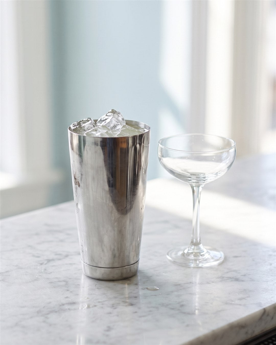 Tin de shaker remplie de glaçons et de cocktail à côté d'une coupe de cocktail sur un comptoir en marbre blanc