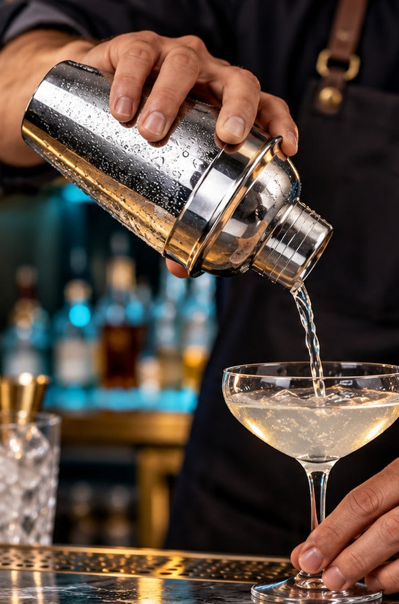 Shaker 3 pièces Beaumont 75 cl, versant un cocktail dans une coupe