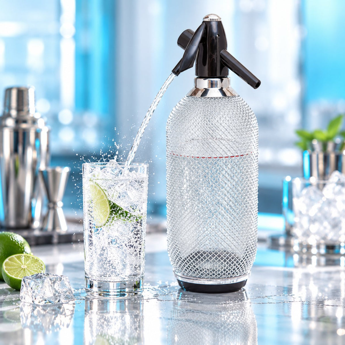 Siphon à eau de Seltz Beaumont 1 L, projetant de l'eau gazeuse dans un verre au citron vert