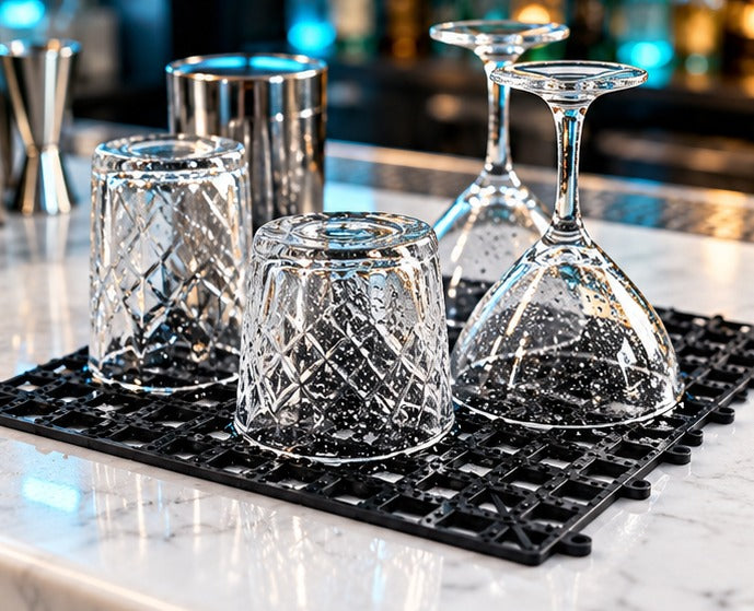 Tapis pour verres Beaumont 33 × 33 cm, avec des verres retournés qui égouttent