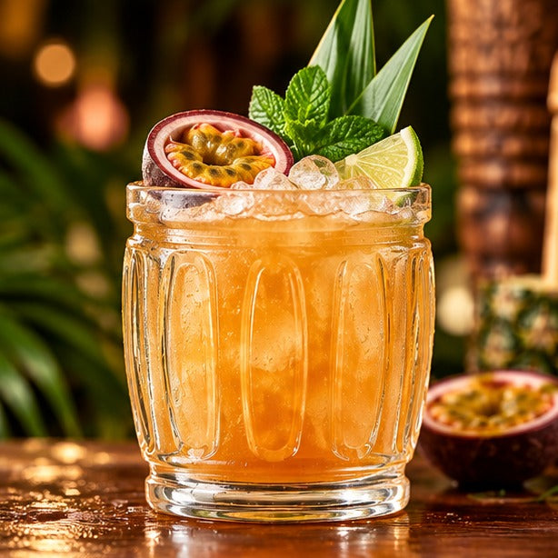 Tiki mug Lebrun 41 cl, avec un cocktail tropical au fruit de la passion