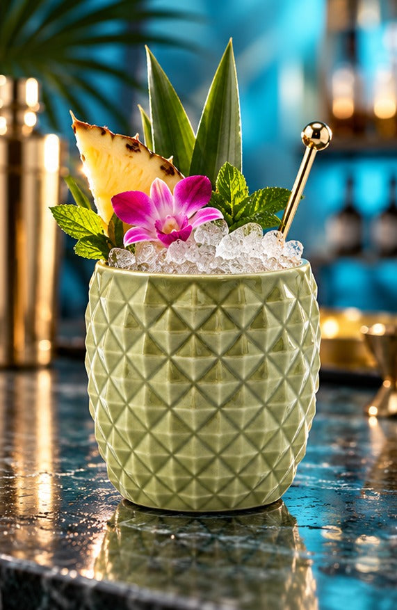 Tiki Genware EU Ananas vert 40 cl, avec un cocktail à l'ananas et à l'orchidée