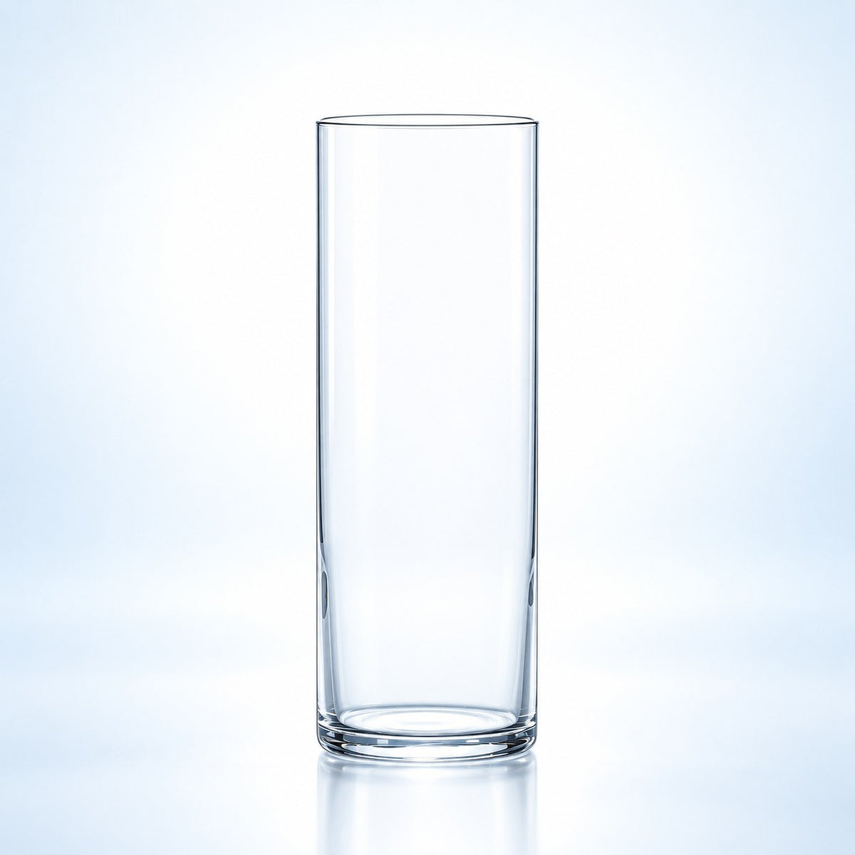 Verre long drink collins Toyo-Sasaki Hard Strong Silkline 30 cl droit et fin, vu de face sur fond bleu clair