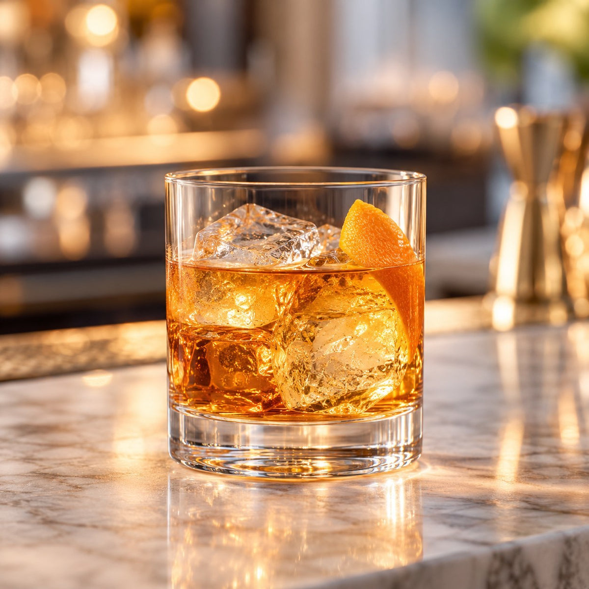 Verre short drink rocks Toyo-Sasaki Hard Strong Silkline rempli de whisky avec glaçons et zeste d'orange sur un comptoir en marbre, jigger doré en arrière-plan