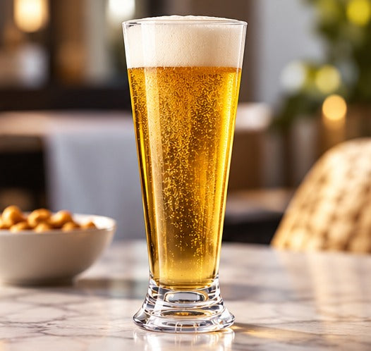 Verre à biere RBdrinks Incassable 33 cl, avec de la bière blonde à la mousse onctueuse sur un comptoir de bar