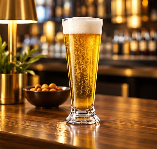 Verre à biere RBdrinks Incassable 33 cl, avec de la bière sur un comptoir en bois de bar