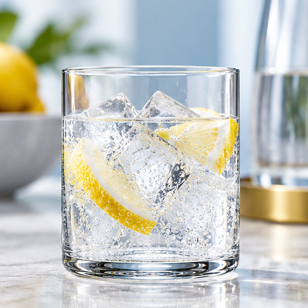Verre Top Class rempli d'eau pétillante, de glaçons et de citron sur une table en marbre