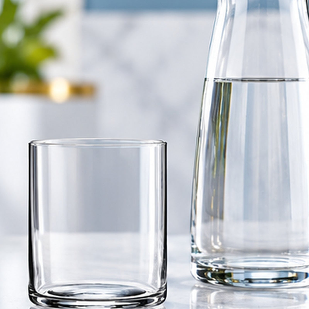 Verre Top Class vide posé à côté d'une carafe d'eau sur une table en marbre