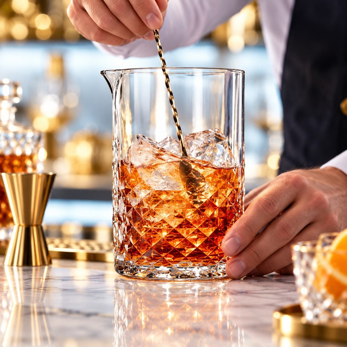 Barman remuant un cocktail à la cuillère de bar dans un verre à mélange Libbey Carats rempli de glaçons