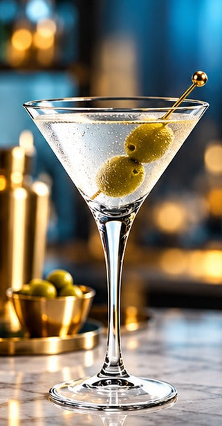 Martini Bormioli Rocco Ypsilon 24 cl, avec un martini à l'olive dans un décor doré et bleu