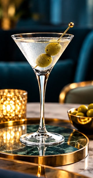 Martini Bormioli Rocco Ypsilon 24 cl, avec un martini sur un plateau doré