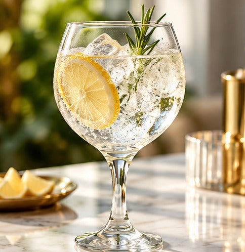 Gin tonic / spritz Genware UK Misket 64,5 cl, avec un gin tonic au citron et au romarin sur un comptoir de marbre
