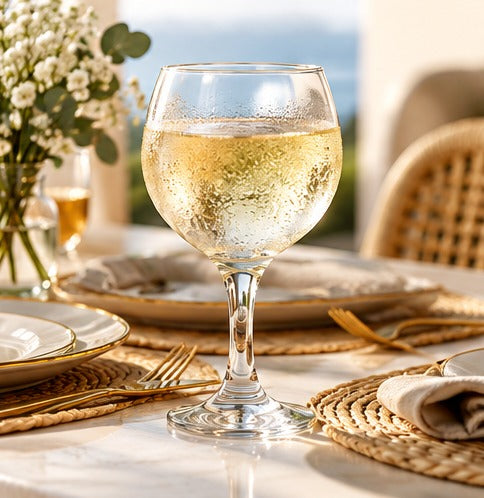 Gin tonic / spritz Genware UK Misket 64,5 cl, avec un vin blanc pétillant sur une table dressée