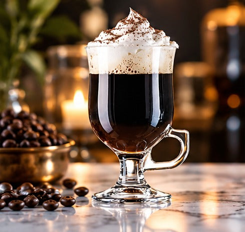 Irish coffee Arcoroc 24 cl, avec sa crème et des grains de café en arrière-plan