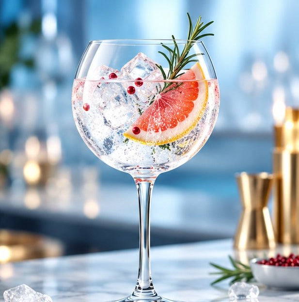 Verre ballon Splendid rempli d'un gin tonic au pamplemousse, au romarin et aux baies sur un comptoir de bar