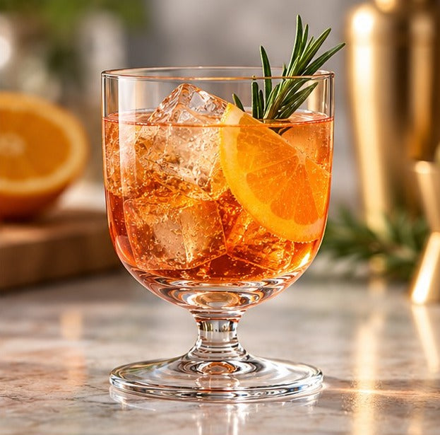 Verre à pied Libbey Levitas Rocks rempli d'un spritz à l'orange, aux glaçons et au romarin sur un plan de marbre