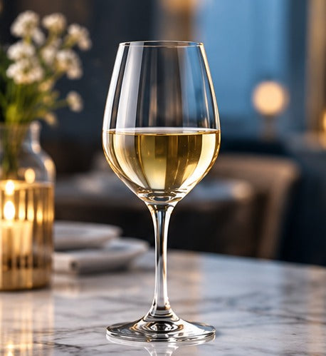 Verre à vin Spiegelau L'expert 26 cl, avec du vin blanc sur une table dressée et fleurie