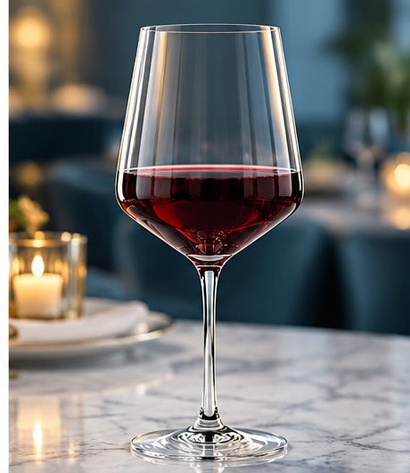 Verre à vin Spiegelau Style 44 cl, avec du vin rouge sur une table de restaurant