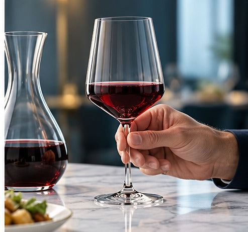 Verre à vin Spiegelau Style 44 cl, en main avec du vin rouge, à côté d'une carafe
