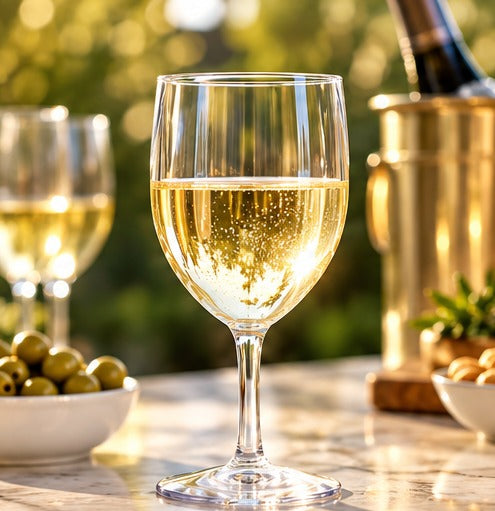 Verre à vin RBdrinks Incassable 25 cl, avec du vin blanc sur une terrasse